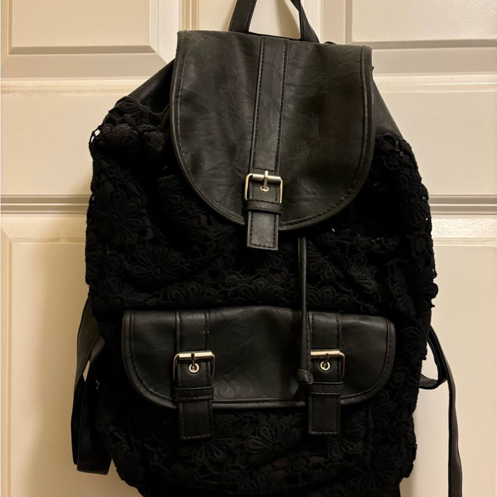 Black floral lace backpack, carryall tote